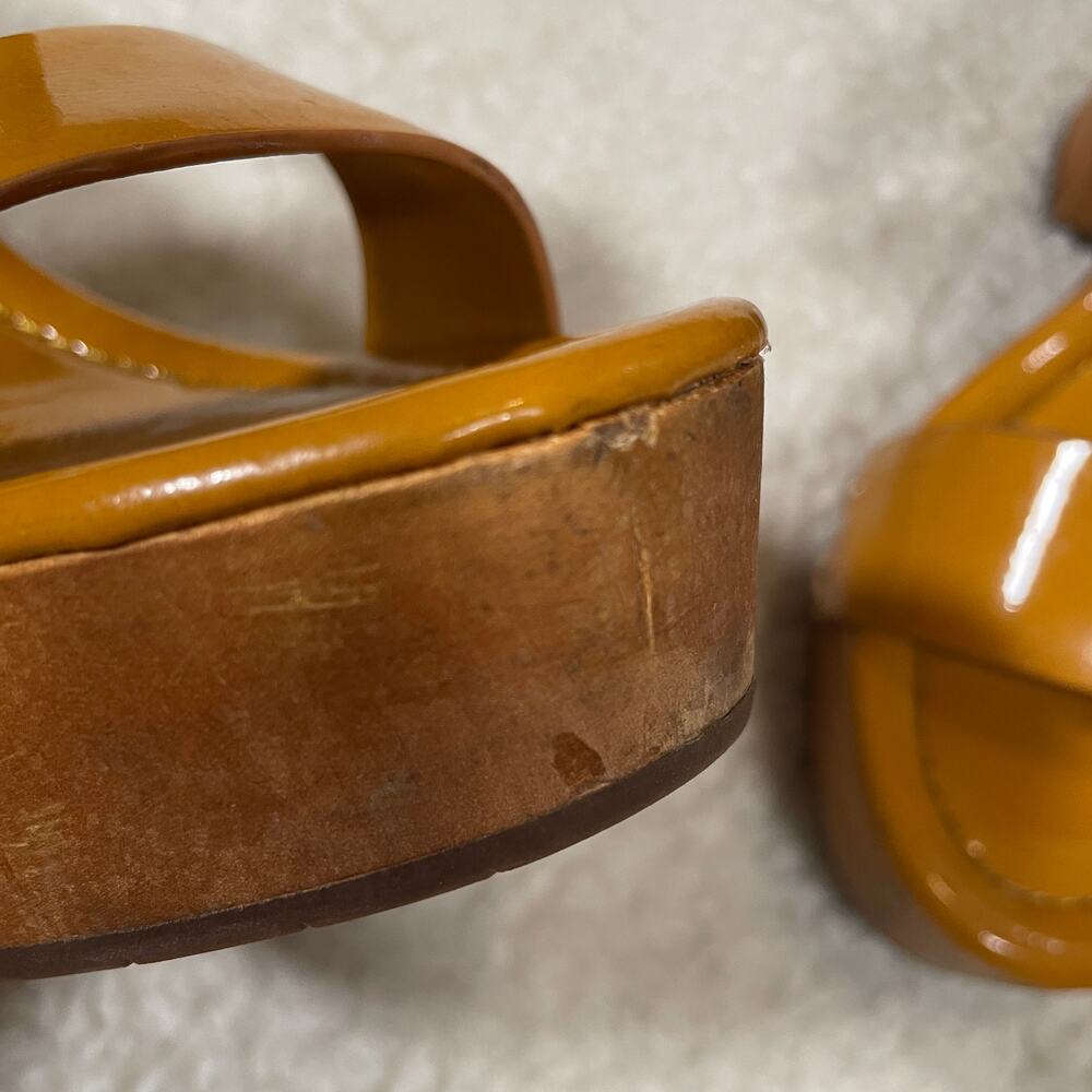 Joie Platform Sandal Heels Tan-Orange Patent Leather Wood Rivets Strappy 37 6.5‎ - Picture 9 of 10